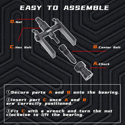 Assembly instructions for the 10 Piece Motorcycle Bearing Extractor and Puller Tool Kit for 8 to 25 mm Bearings.