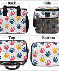 Multicolored paw print design on insulated picnic backpack lunch tote, showing back, side, top, and bottom views