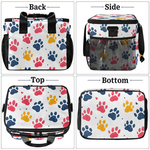 Multicolored paw print design on insulated picnic backpack lunch tote, showing back, side, top, and bottom views