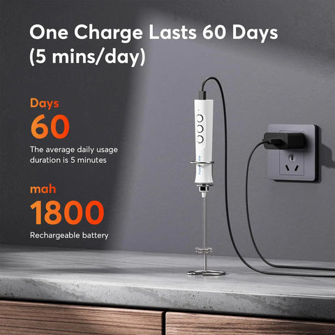 Rechargeable Milk Frother Handheld Foam Maker With Stainless Whisk For Cappuccino Latte Bulletproof Coffee Keto Diet Protein Powder Matcha Pure White Two Whisks No Fuss Quick Froth shown charging on counter