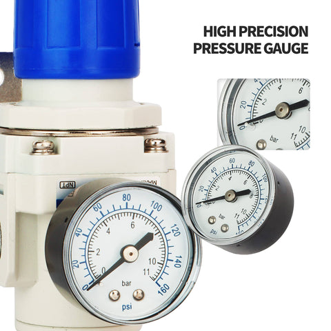 3/8 Inch NPT Air Pressure Regulator For Air Compressors With No Fuss Easy Pull Knob, showing high precision gauge