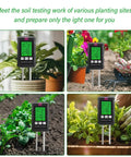 All In One 6 In 1 Soil Tester with pH Meter and LCD Display measures soil conditions in various garden setups, different views shown