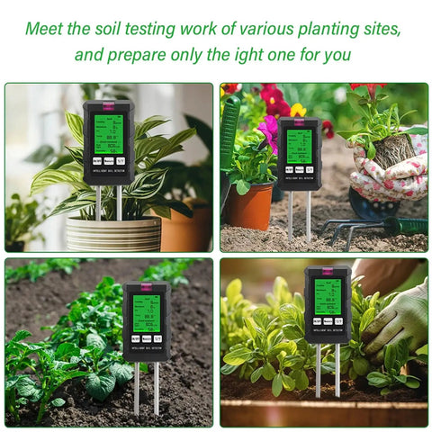All In One 6 In 1 Soil Tester with pH Meter and LCD Display measures soil conditions in various garden setups, different views shown