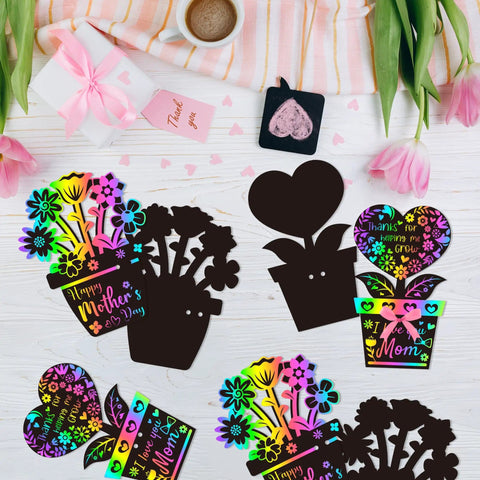 Flower Scratch Card Craft Kit For Kids Featuring 60 Cards in Two Styles with colorful flowers and hearts, wooden styluses, and ribbon ideal for Mother's Day gifts.