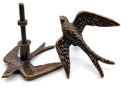 Vintage Cast Iron Closet Door Pull Handles In Bronze Finish With Delicate Bird Design Set Of 2 shown from side angle