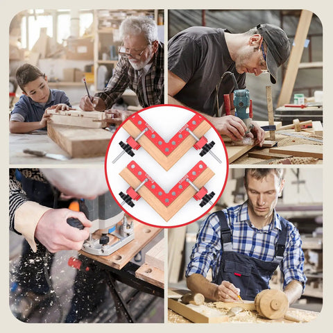 Two Pack 5.5 Inch 90 Degree Positioning Squares Right Angle Clamps for Woodworking shown in use with wood projects