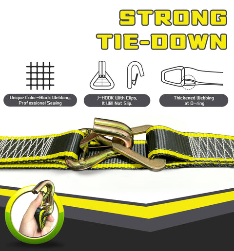 Heavy Duty Car Trailer Tie Down Straps Kit Four 2x10 Inch Ratchet Straps With J Hooks And Clips displayed with design details.