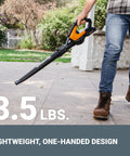 Person using Cordless Leaf Blower For Fast Lawn Cleanup With 120 MPH Air Lightweight Three And A Half Pound Powerhouse Long Nozzle