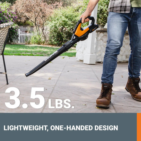 Person using Cordless Leaf Blower For Fast Lawn Cleanup With 120 MPH Air Lightweight Three And A Half Pound Powerhouse Long Nozzle