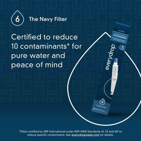 Replacement Ice and Water Refrigerator Filter 6 packaging, certified for 10 contaminants, displayed with navy blue background.
