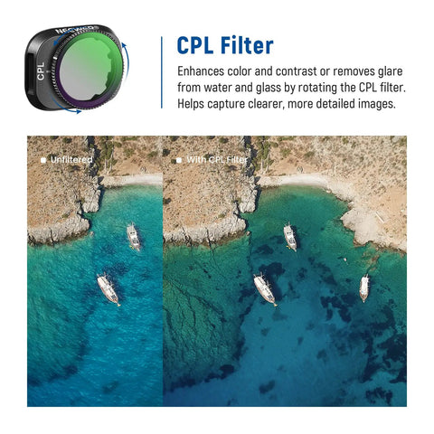 CPL filter enhancing aerial beach photo, ND Filter Set For DJI Mini 3 And Mini 3 Pro 6 Pack With CPL ND8 ND16 ND32 ND64 ND128