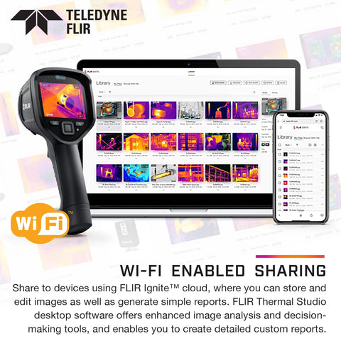 E5 Pro Thermal Imaging Camera With WiFi And Ignite Cloud For Handheld Infrared Inspections shown with laptop and phone