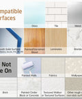 Surface compatibility chart for No Drill Adhesive Towel Bar 22 Inch Wall Mount, showing compatible and non-compatible surfaces.