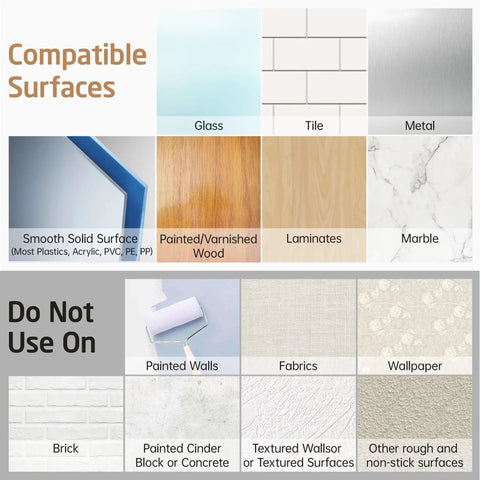 Surface compatibility chart for No Drill Adhesive Towel Bar 22 Inch Wall Mount, showing compatible and non-compatible surfaces.