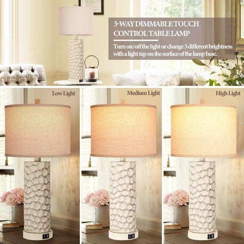 Set of 2 Farmhouse Table Lamps with 3-Way Dimmable Touch Control showing low, medium, high light settings in cozy living room