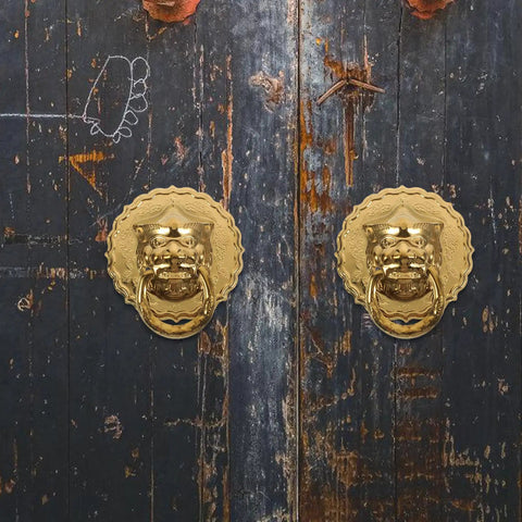 Lion Head Door Knocker And Front Door Pull Handle Brass Decorative Hardware Set Of 2 For Vintage Chinese Style Home Entry No Fuss Install And Smooth Operation With Large Ring