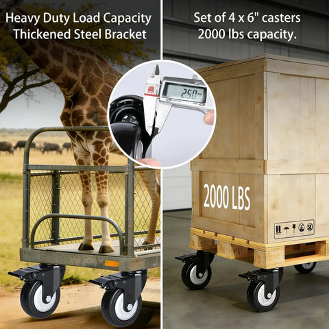 Set of Four Heavy Duty M10 Threaded Stem Casters With 6 Inch Slick Polyurethane Wheels for 2000 lbs load capacity.