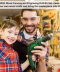 Father and son with drill holding 15 Piece Wood Carving Bits Set For Rotary Tools One Eighth Inch HSS Engraving Drill Bit Kit