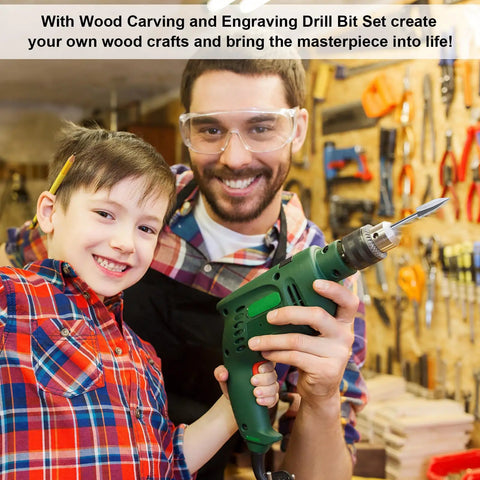 Father and son with drill holding 15 Piece Wood Carving Bits Set For Rotary Tools One Eighth Inch HSS Engraving Drill Bit Kit