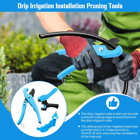 2-In-1 Drip Irrigation Hole Punch And Tubing Cutter With Barbed Connectors For 1/4 Inch Fittings in use on garden tubing.