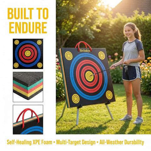Young archer using High Density XPE Foam Archery Target 20 Inch Square for Recurve And Compound Bow Practice with scoring rings in backyard.