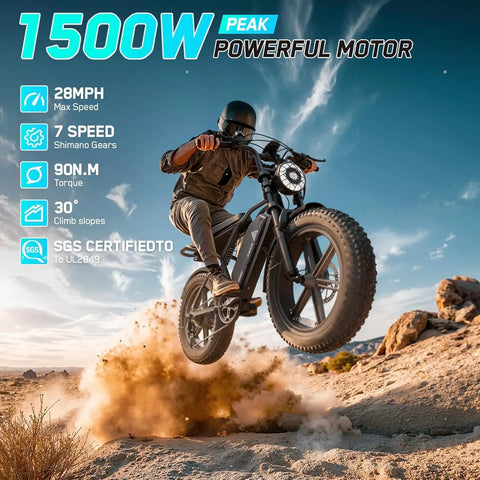 Powerful 1500W Peak Fat Tire Electric Bike for adults jumping over dirt with 20x4 inch tires, 60 mile range, UL 2849 tested