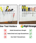 Comparison of tool holders on pegboard displaying Two Pack Pegboard Screwdriver And Pliers Holder, organized tool alignment.