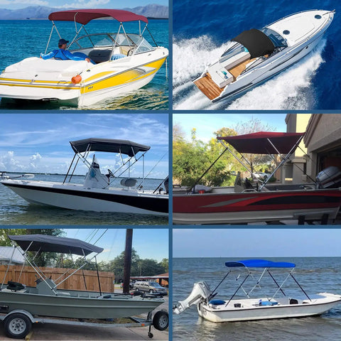 Collage of boats with canopies using Heavy Duty Bimini Boat Top Straps With Stainless Steel Hooks Adjustable 38 To 70 Inches