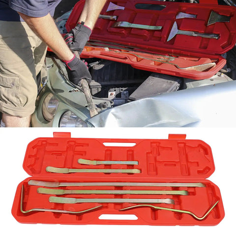 7 Piece Car Dent Repair Rod Tool Set for Auto Body Repair shown in red case with metal rods for trim panel removal and precision work