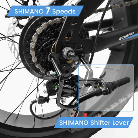 Shimano 7-speed gear system on Fat Tire Mountain Bike For Kids 20x4 Inch With Dual Disc Brakes Suspension Fork 7 Speed All Terrain MTB
