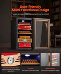 Electric Humidor For Home Use 48L Cigar Cabinet with cooling, cedar shelves, mechanical hygrometer in a living room setting.