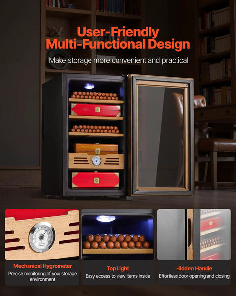Electric Humidor For Home Use 48L Cigar Cabinet with cooling, cedar shelves, mechanical hygrometer in a living room setting.