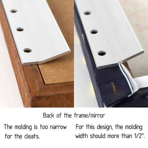 Back view showing Heavy Duty Mirror Hanging Kit With French Cleat And Z Clips, Seventeen and Three Quarter Inch, on narrow molding