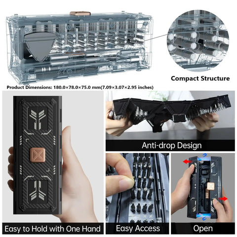 Electric Cordless Precision Screwdriver Kit 180 In 1 With Magnetic Bits showing compact structure and anti-drop design