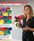 Professional Grade Cordless Paint Sprayer Compatible With Milwaukee 18V Side Fill 1200 ML Tank 43000 RPM Four Nozzles Tool Only For Oil Based Stains Varnish Enamel Crafted To Crush Weekend Renovations And Deliver A Sleek Factory Finish held by a smiling woman with paint cans.