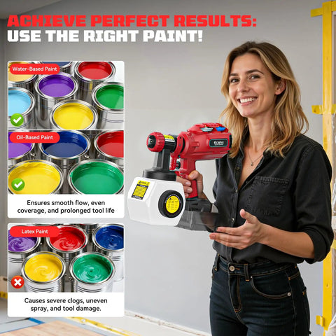 Professional Grade Cordless Paint Sprayer Compatible With Milwaukee 18V Side Fill 1200 ML Tank 43000 RPM Four Nozzles Tool Only For Oil Based Stains Varnish Enamel Crafted To Crush Weekend Renovations And Deliver A Sleek Factory Finish held by a smiling woman with paint cans.