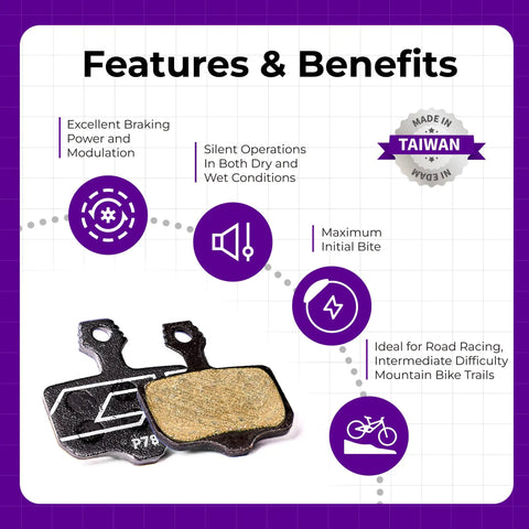 P78 Beefy Semi Metallic Disc Brake Pads For SRAM 2 Piston Calipers with benefits and features chart