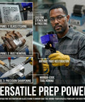 Man using silicon carbide sandblasting media for surface prep, rust removal, and etching with various tools displayed.