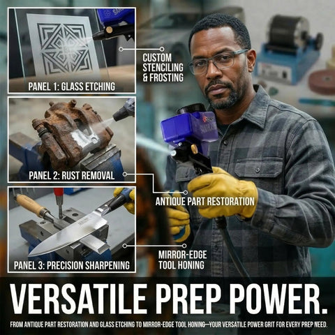 Man using silicon carbide sandblasting media for surface prep, rust removal, and etching with various tools displayed.