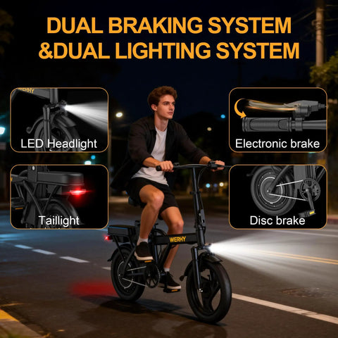 Compact Folding Electric Bike For Adults With 500W Motor And 20 MPH Top Speed at night, featuring dual braking and lighting systems.
