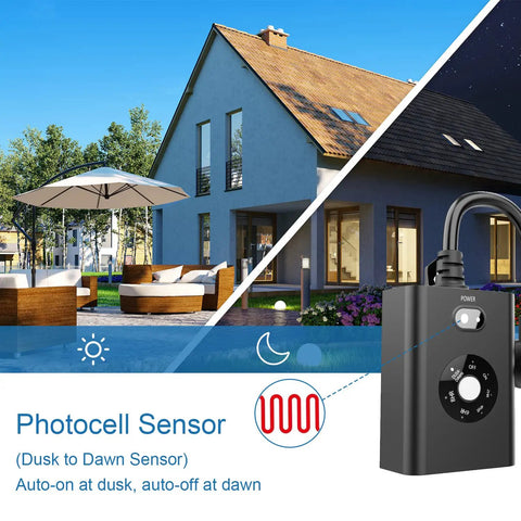 Weatherproof Outdoor Sensor Timer With Dual Grounded Outlets Delivers Zero Fuss Dusk To Dawn Light Control and Seven Quick Countdown Modes for Flawless Yard and Party Decor shown outdoors with house and garden.