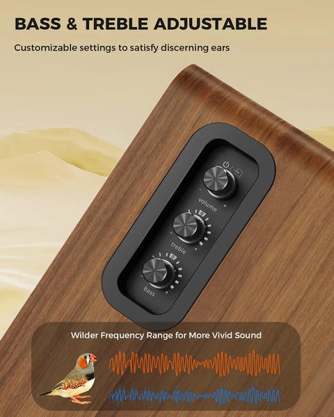 Bass & treble controls on Beefy Bass Bookshelf Speakers 36W RMS BT Five Four Wireless Studio Monitors with wood finish.