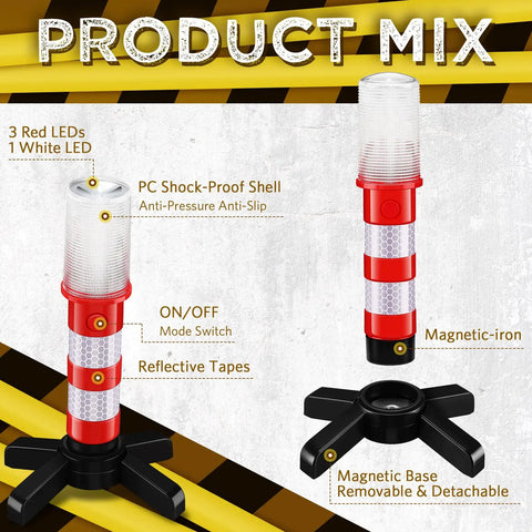 6 Piece Emergency Roadside Flares Kit With LED Safety Strobe Lights Bright Red Beacon Magnetic Base Removable Stand
