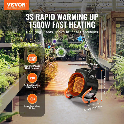 Greenhouse Heater 1500W PTC Fast Heating With Overheat Protection, 3 Speed Small Grow Tent Fan, Portable Electric Heater For Greenhouse, Flower Room, And Workspace, Quiet, Efficient Climate Control For Plants