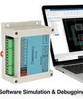 Programmable Logic Controller With Eight Input Seven Output For Industrial Automation beside laptop showing simulation software.