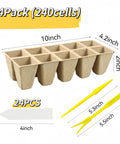 240 Cell Seed Starter Tray Kit with Biodegradable Peat Pots and Germination Trays showing dimensions and tools