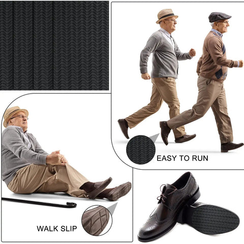 10 Pcs No Slip Shoe Sole Grip Pads Self Adhesive Rubber Traction Sheets Black 3.1 By 5.1 Inches for Dress Shoes and Boots shown in use.