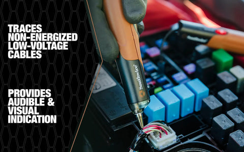 Super Handy Tone Probe Kit for tracing cables behind walls fast with on board test lead storage and flashlight in use