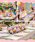 Children at birthday party using Iridescent Pastel Party Plates And Napkins Set For 24 Guests, 72 Piece Disposable Rainbow Tableware