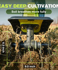 Close-up of 22V Cordless Garden Tiller Cultivator For Soil Preparation And Weeding Lightweight Rototiller with 9-inch tilling width